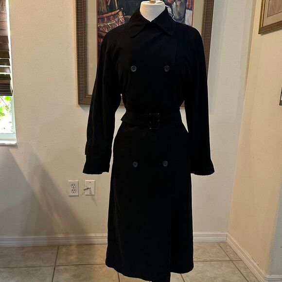 London Fog Black Long Double Breasted Trench Coat w/ Matching Belt Size 6P - Picture 4 of 15